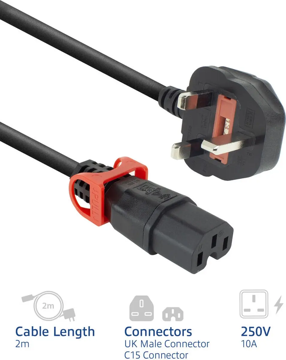 ACT PC3884 Netsnoer C15 Lock+ - 2m - Zwart