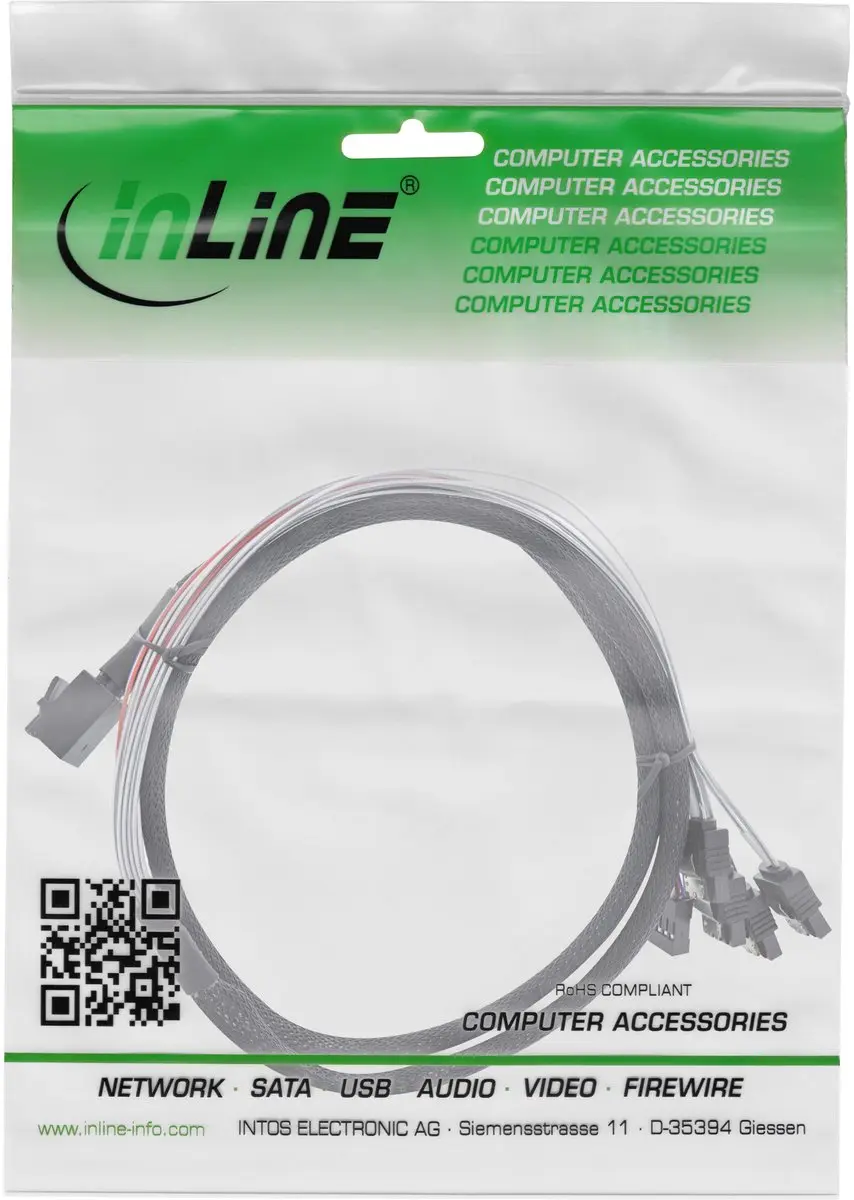 InLine Mini SAS HD-kabel SFF-8643 naar 4x SATA 0,5m