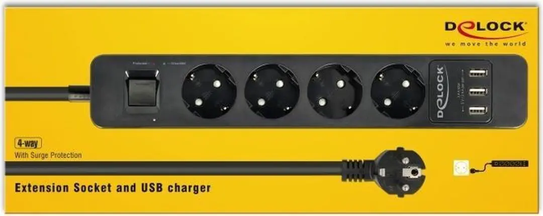 Delock 4-voudige Surge Protection Extension - USB Charger - Zwart