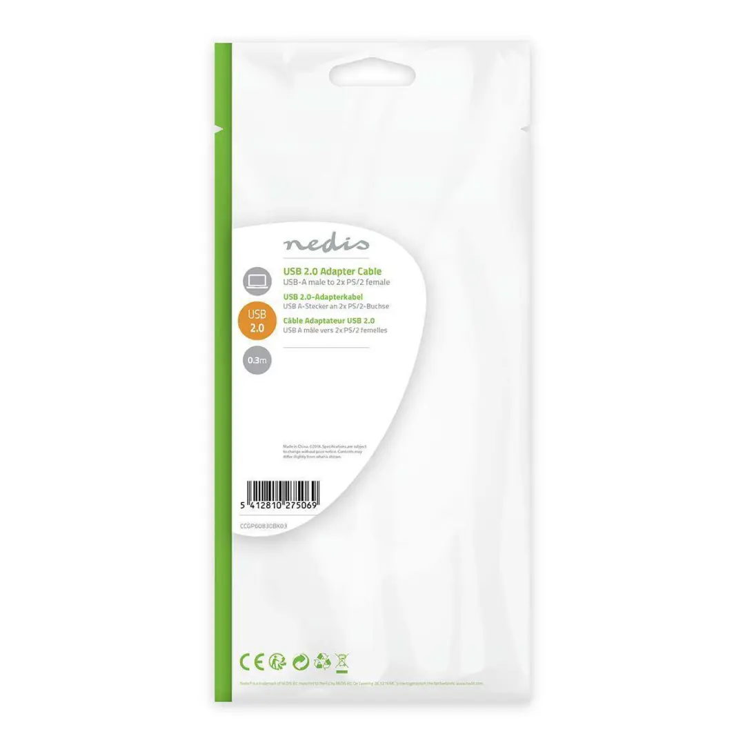 Nedis 2-in-1 USB-Kabel CCGP60830BK03 - USB-A Male naar 2x PS/2 Female - 0,3m - Zwart