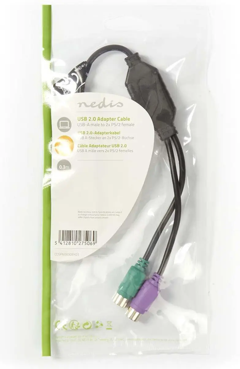 Nedis 2-in-1 USB-Kabel CCGP60830BK03 - USB-A Male naar 2x PS/2 Female - 0,3m - Zwart