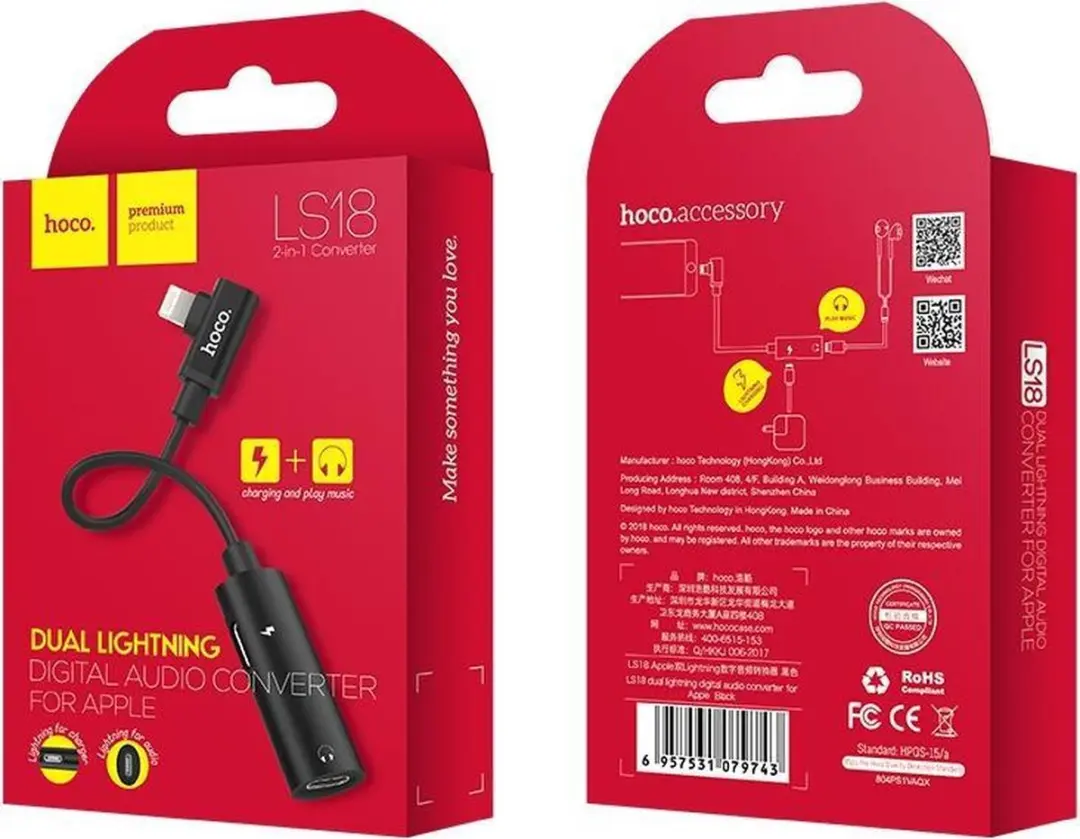 Hoco LS18 Dual Lightning Audio Converter - Zwart