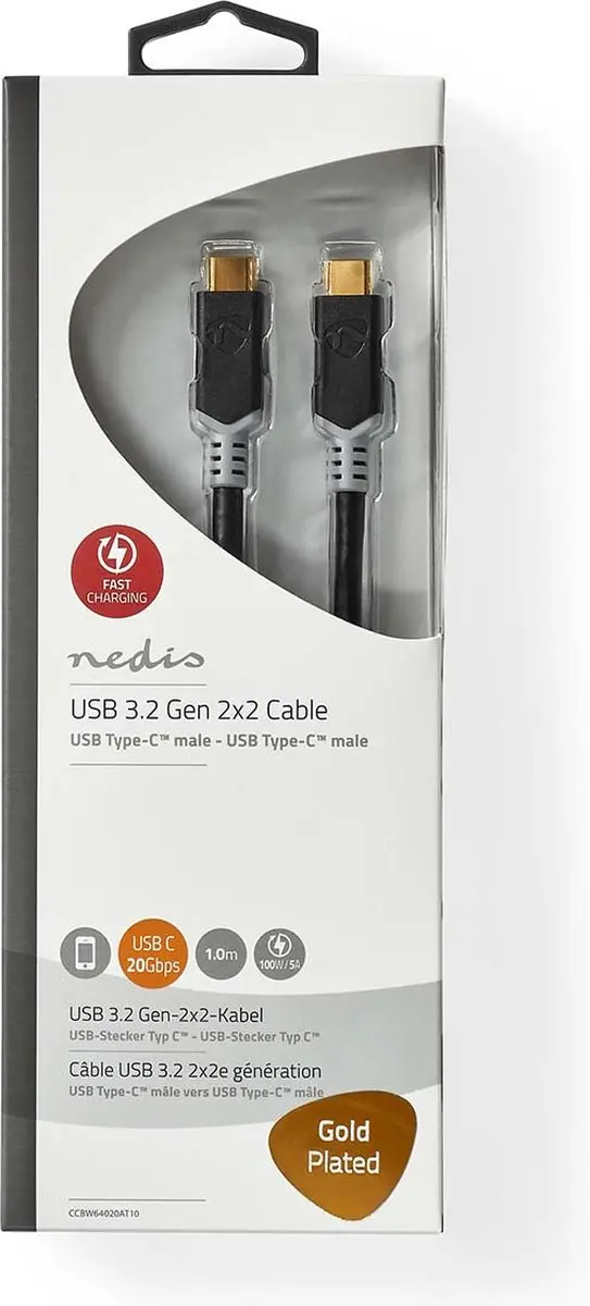 Nedis USB-C Kabel CCBW64020AT10 - 1m - 100W - 4K@60Hz - Verguld - Antraciet