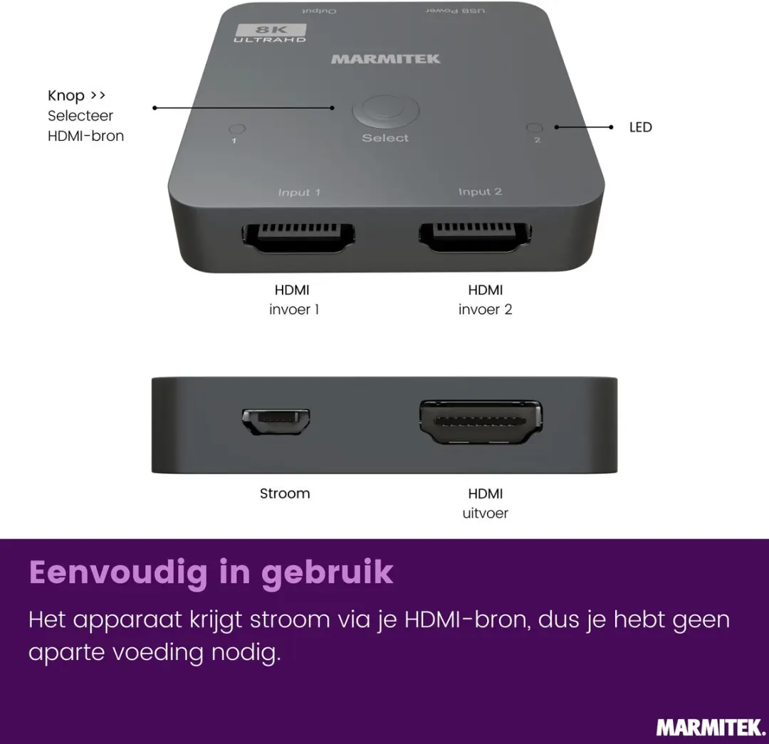 Marmitek AS28 HDMI Switch 4K 120Hz - 8K - 2 in/1 uit