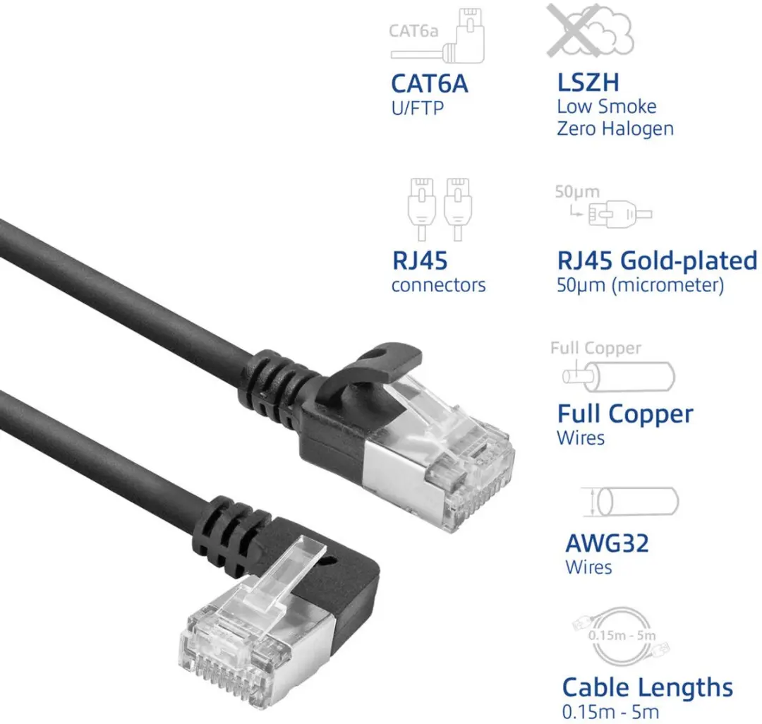 ACT DA1903 Patchkabel CAT6A U/FTP 3m - RJ45 recht naar 90° links - Zwart
