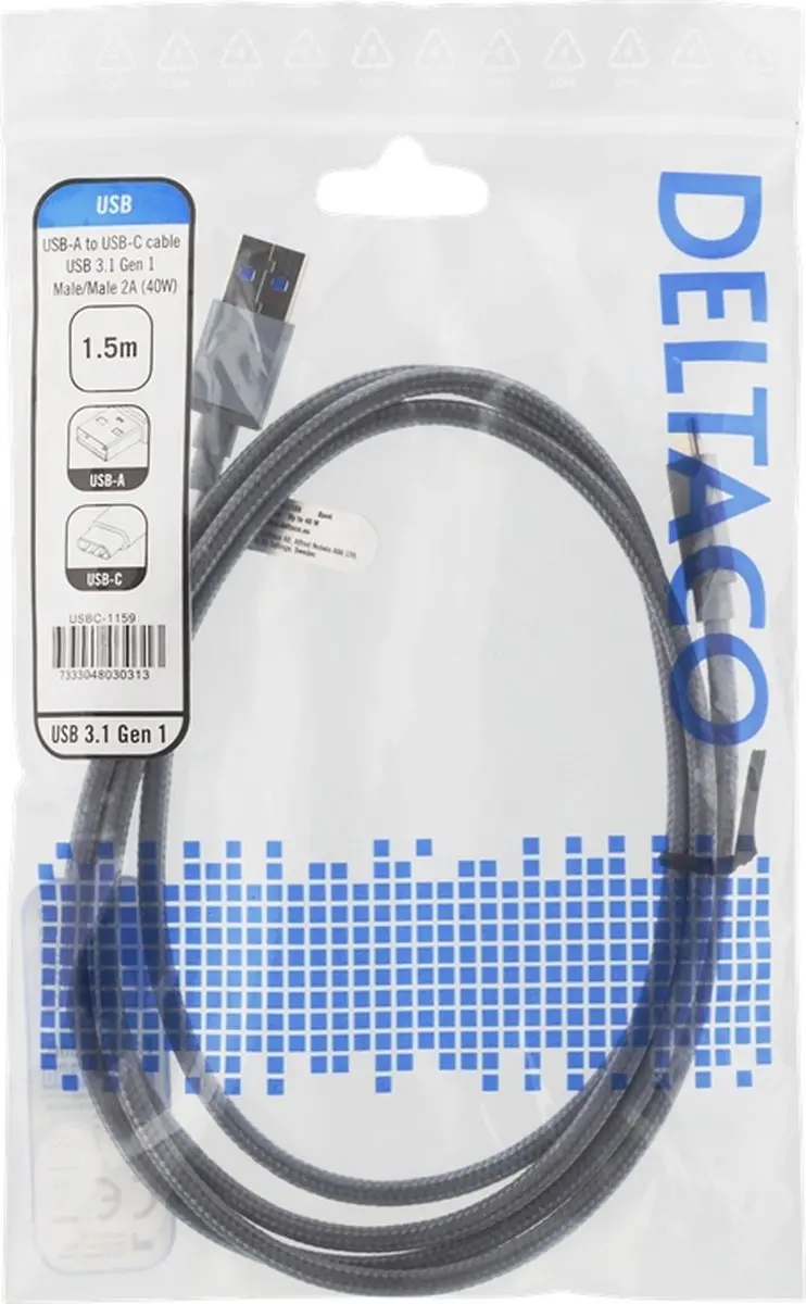 Deltaco USBC-1159 USB-C Kabel 1,5m - Grijs