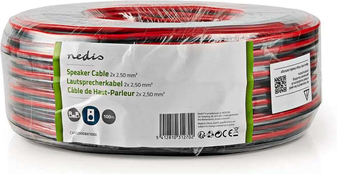 Nedis Speaker-Kabel CAGW2500BK1000 - 2x2.50mm² - 100m - Rood/Zwart