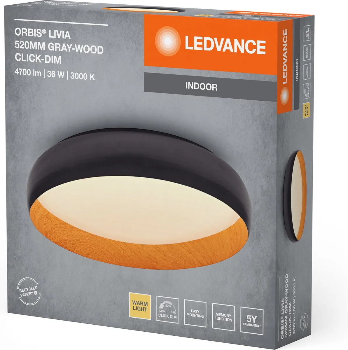 LEDVANCE Orbis Livia LED Plafondlamp 36W 2000lm - Grijs/Hout - 3000K