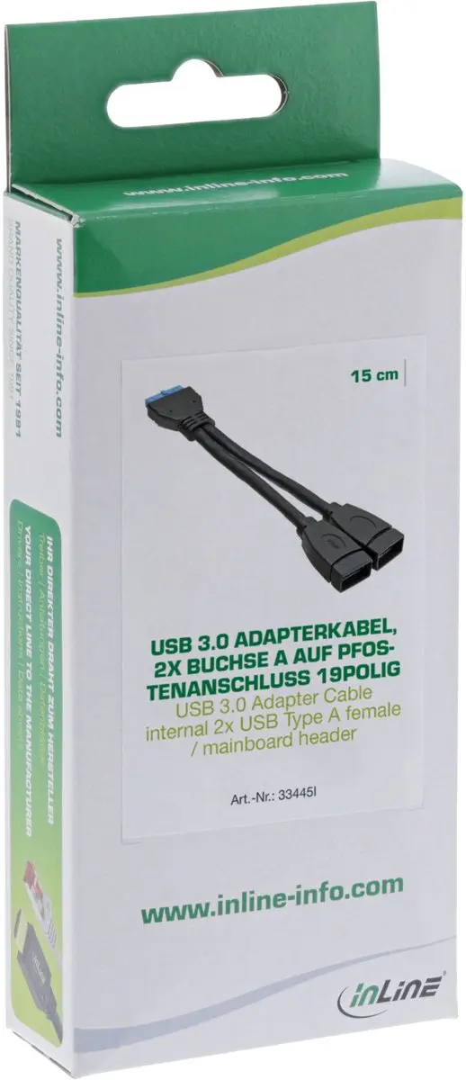 InLine Pin Header Adapter USB3.0 2x USB-A - 0,15m - Zwart