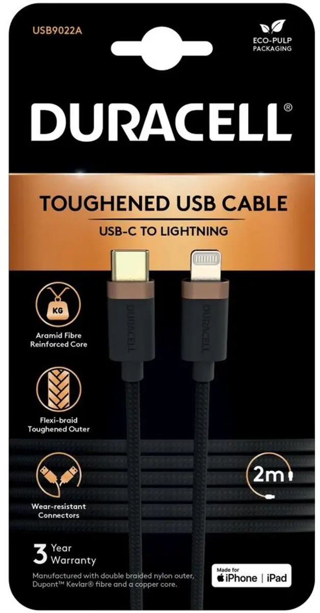 Duracell Toughened Kevlar USB-C naar Lightning Kabel 2m 65W - Zwart