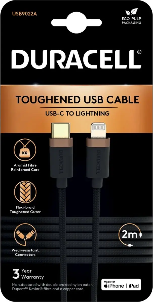 Duracell Toughened Kevlar USB-C naar Lightning Kabel 2m 65W - Zwart