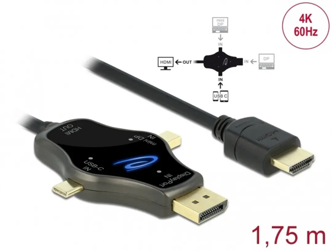 Delock 3-in-1 Monitorkabel USB-C/DisplayPort/mini DisplayPort naar HDMI 4K60