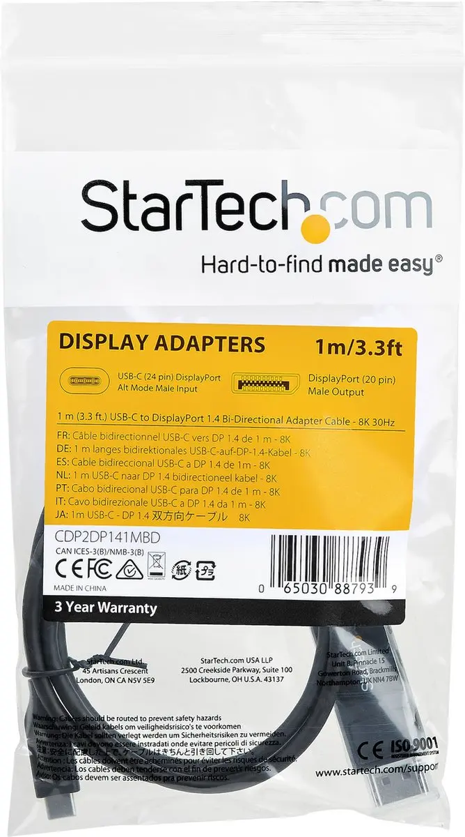 Startech USB-C naar DisplayPort Kabel KD20376 - 8K 60Hz - 1m - Zwart - afbeelding 6 van 6