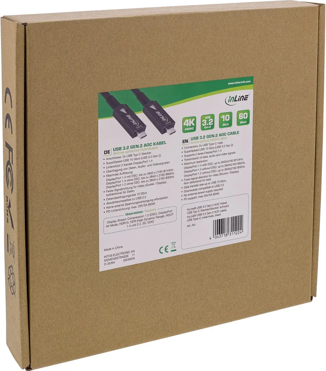 InLine USB-C AOC-kabel 5m - USB 3.2 Gen.2 - Zwart