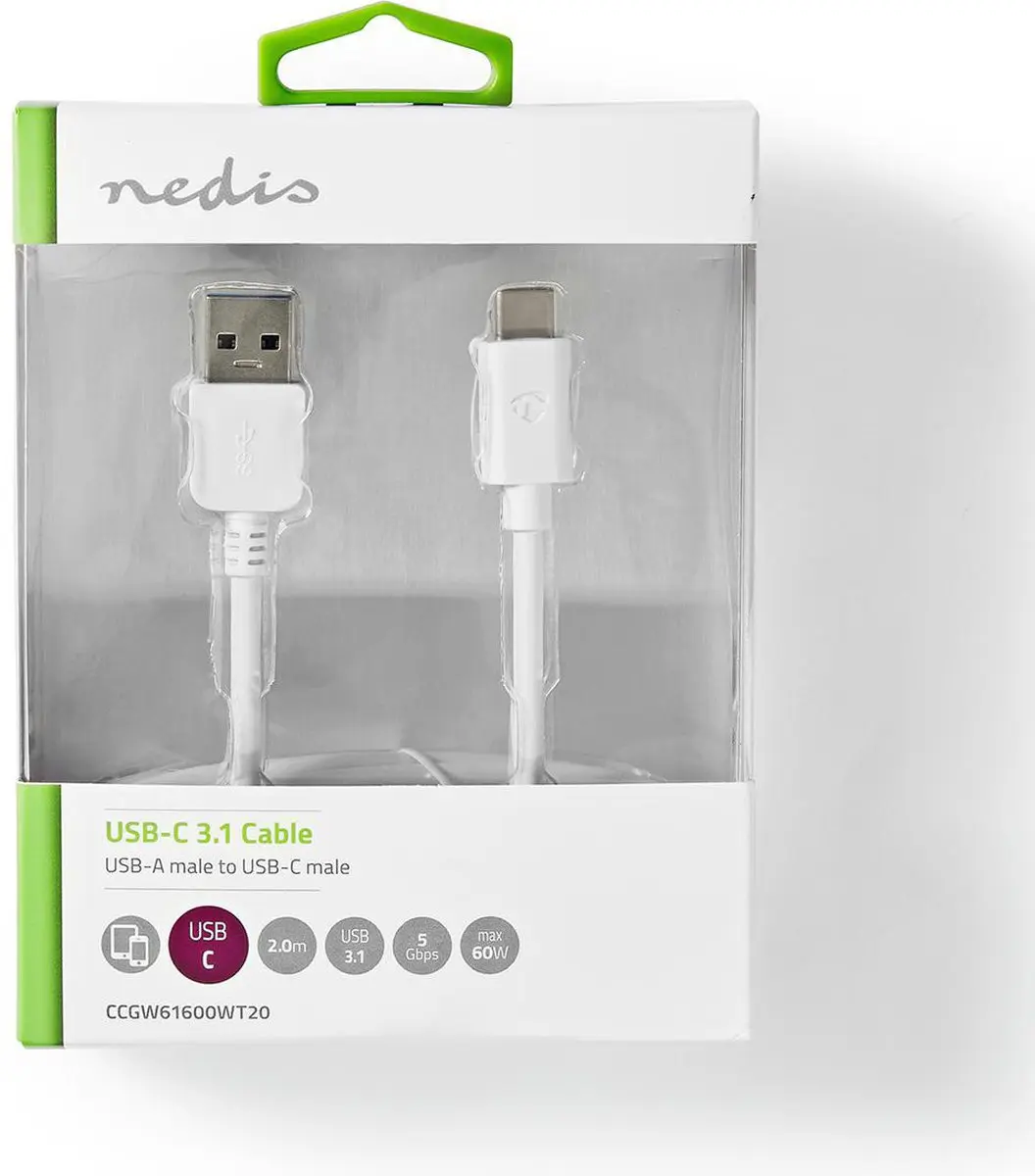 Nedis USB 3.2 Gen 1 A-C Kabel 60W 2m - Wit