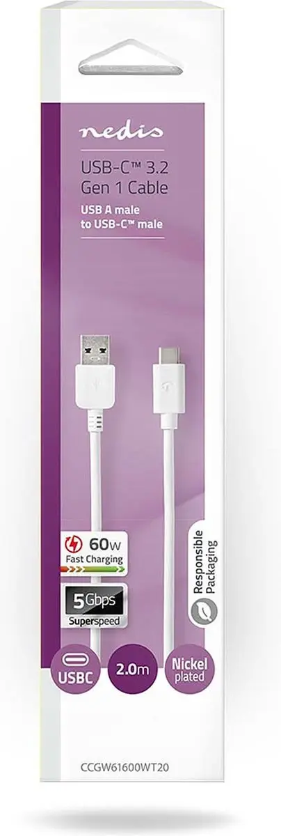 Nedis USB 3.2 Gen 1 A-C Kabel 60W 2m - Wit