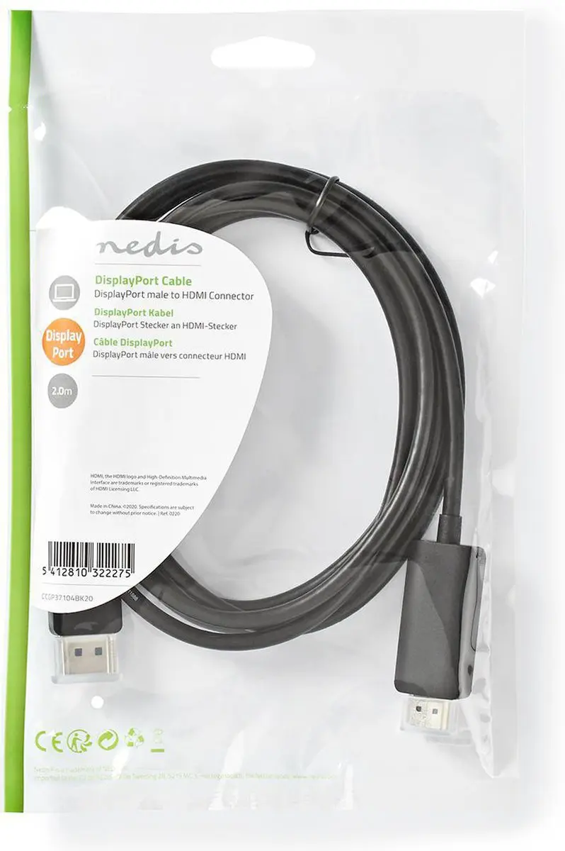 Nedis DisplayPort naar HDMI Kabel 4K@60Hz 2m - Zwart