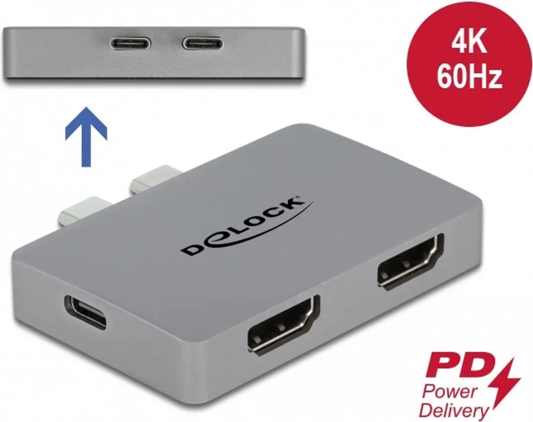 Delock Dual HDMI Adapter 4K 60Hz PD 3.0 - Grijs