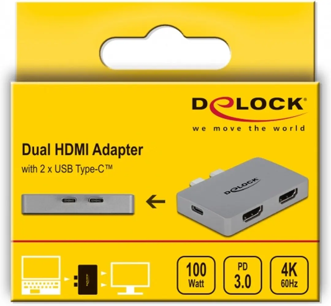 Delock Dual HDMI Adapter 4K 60Hz PD 3.0 - Grijs