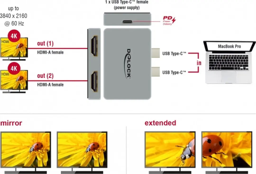 Delock Dual HDMI Adapter 4K 60Hz PD 3.0 - Grijs