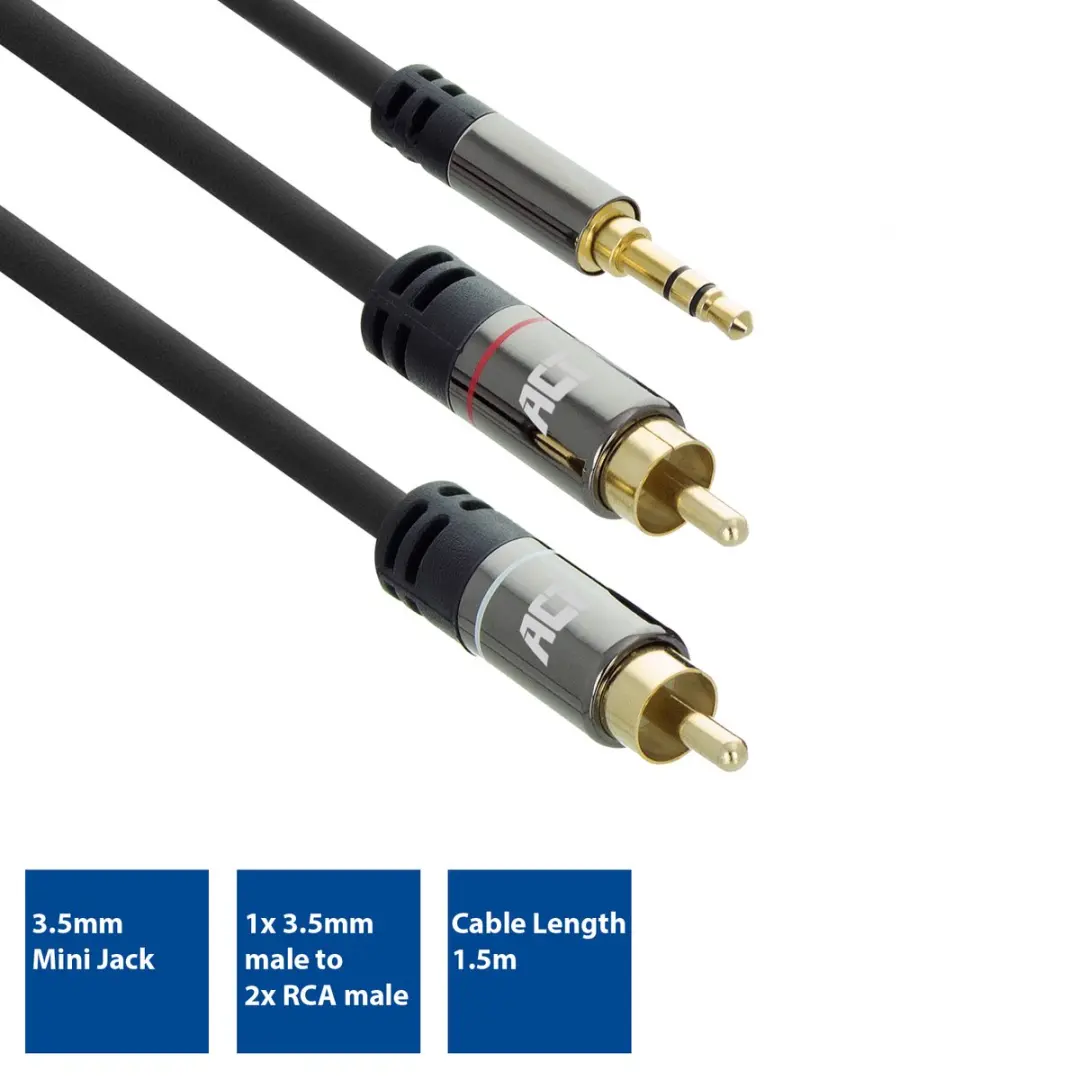 ACT AC3605 Audiokabel 1.5m - 3.5mm Jack naar 2x Tulp - Zwart