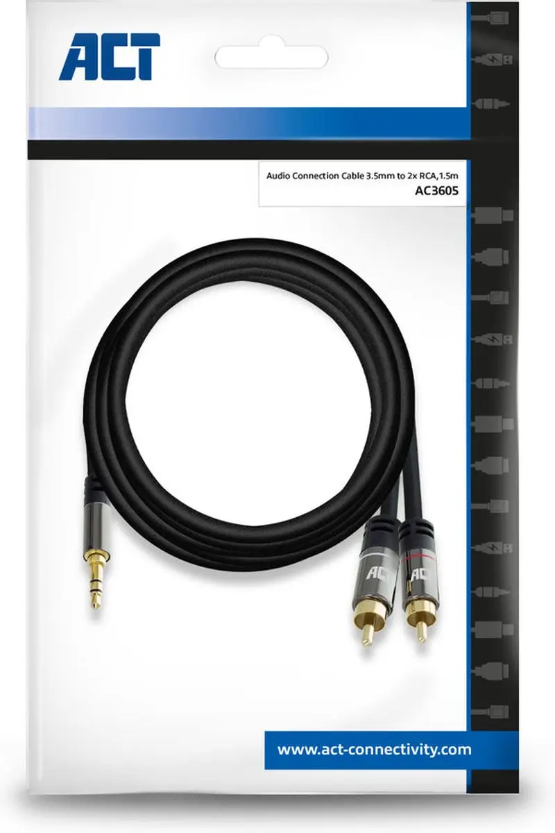 ACT AC3605 Audiokabel 1.5m - 3.5mm Jack naar 2x Tulp - Zwart