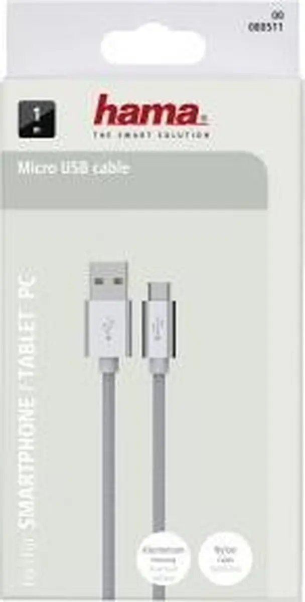 Hama Alunylon Synchrokabel Micro-USB naar USB 1m - Zilver