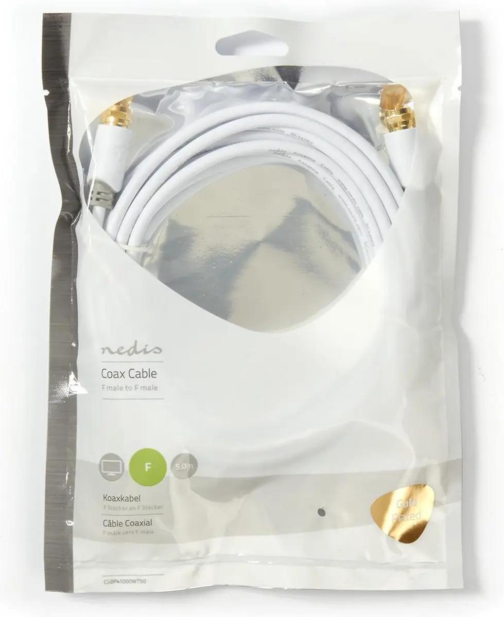 Nedis F-Male Antennekabel 75 Ohm - 5m - Verguld - Wit