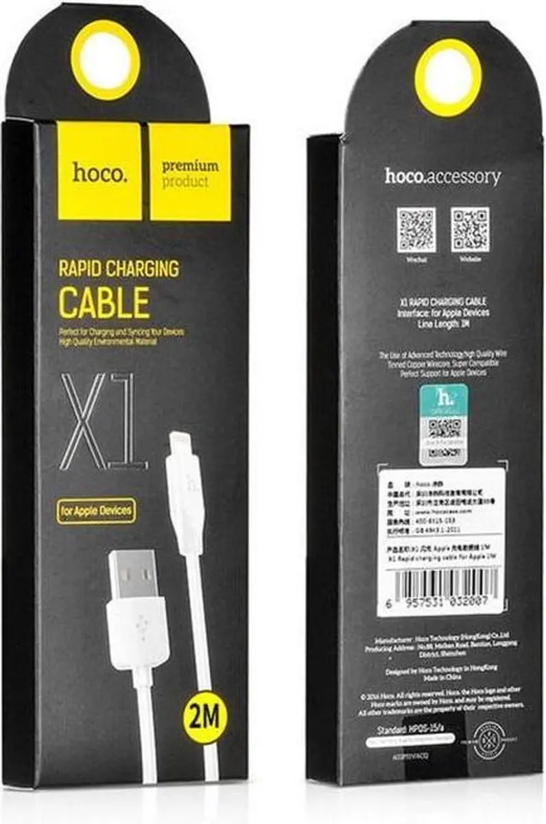 Hoco Lightning naar USB Kabel 2.1A - 2m - Wit