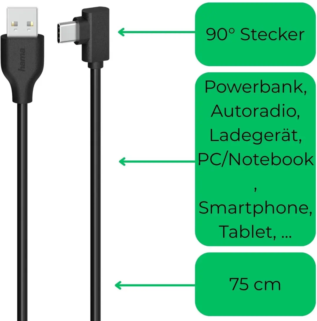 Hama USB-C Kabel USB-C naar USB-A 90° 0,75m - Zwart