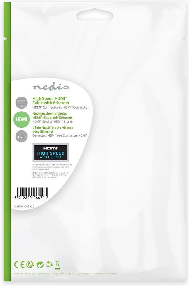 Nedis HDMI-Kabel CVGP34100BK20 4K 10.2Gbps 2m - Plat - Zwart