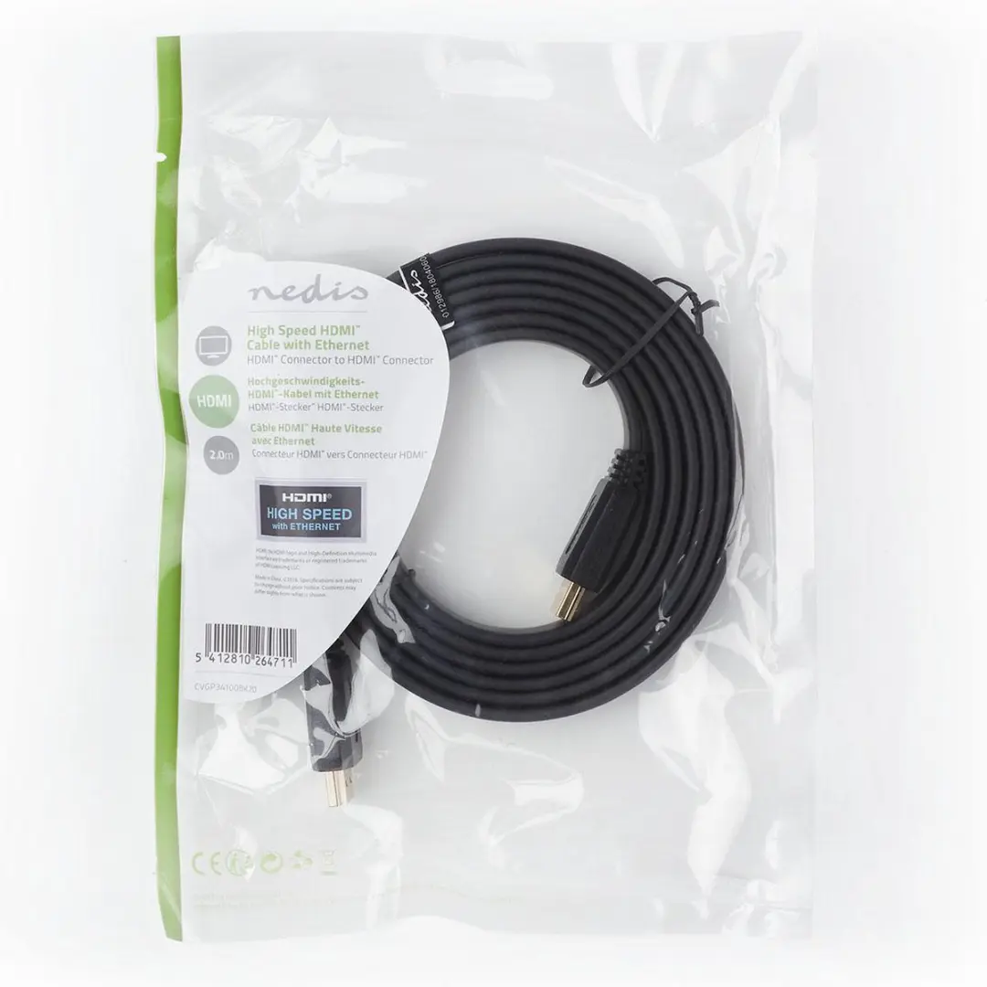 Nedis HDMI-Kabel CVGP34100BK20 4K 10.2Gbps 2m - Plat - Zwart