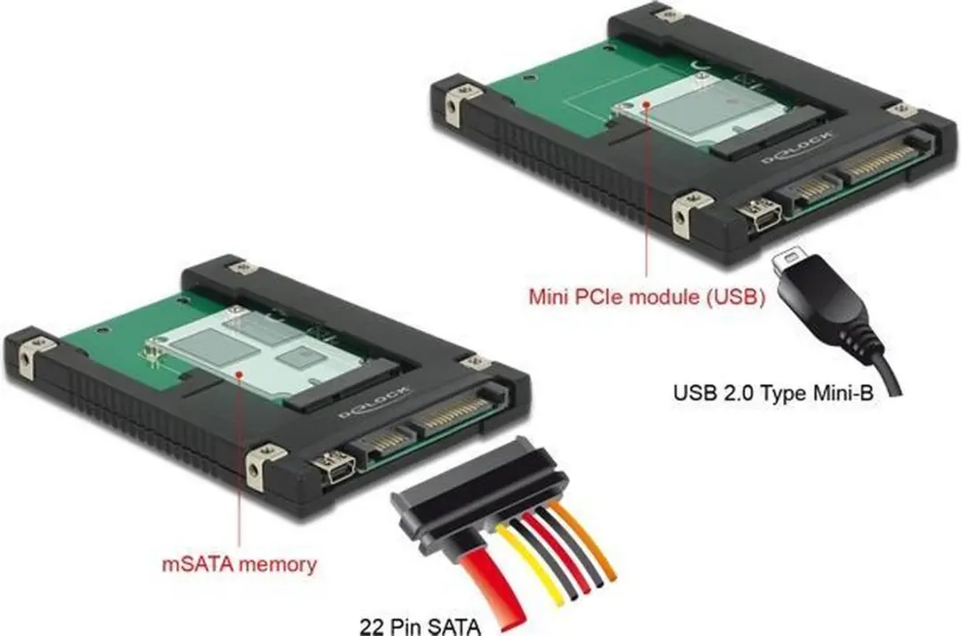 Delock 62853 SATA naar mSATA/Mini PCIe Converter - USB 2.0 - Zwart