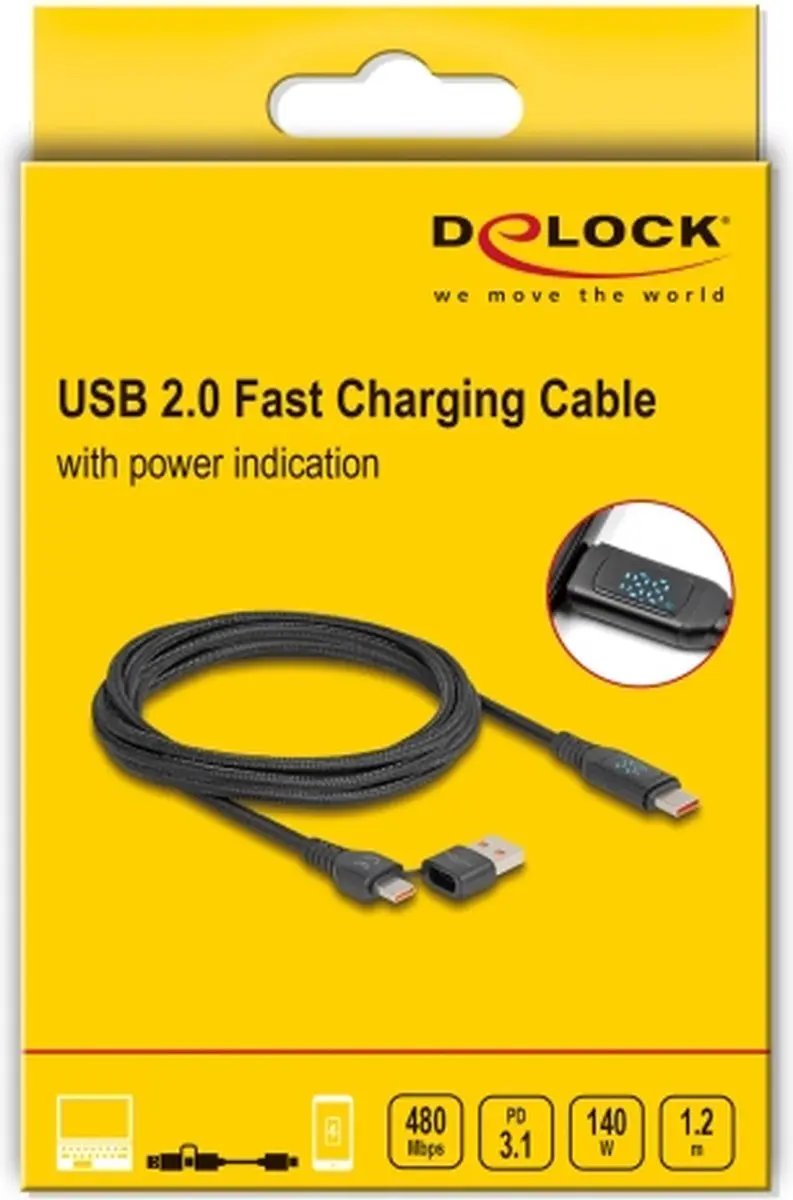 Delock USB-C naar USB-A 140W Opladerkabel 1.2m - Zwart