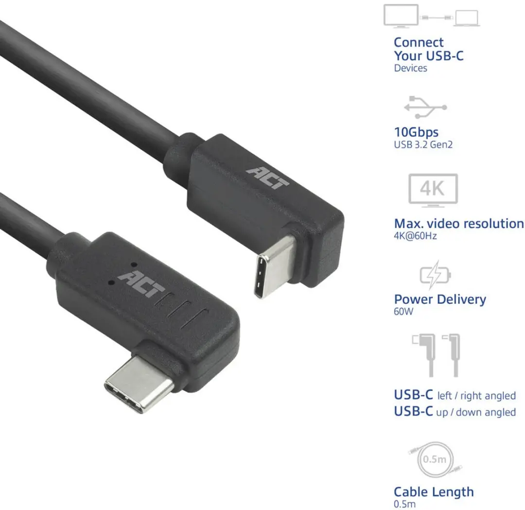 ACT AC7480 USB-C Kabel 10Gbps 60W 0,5m - Zwart