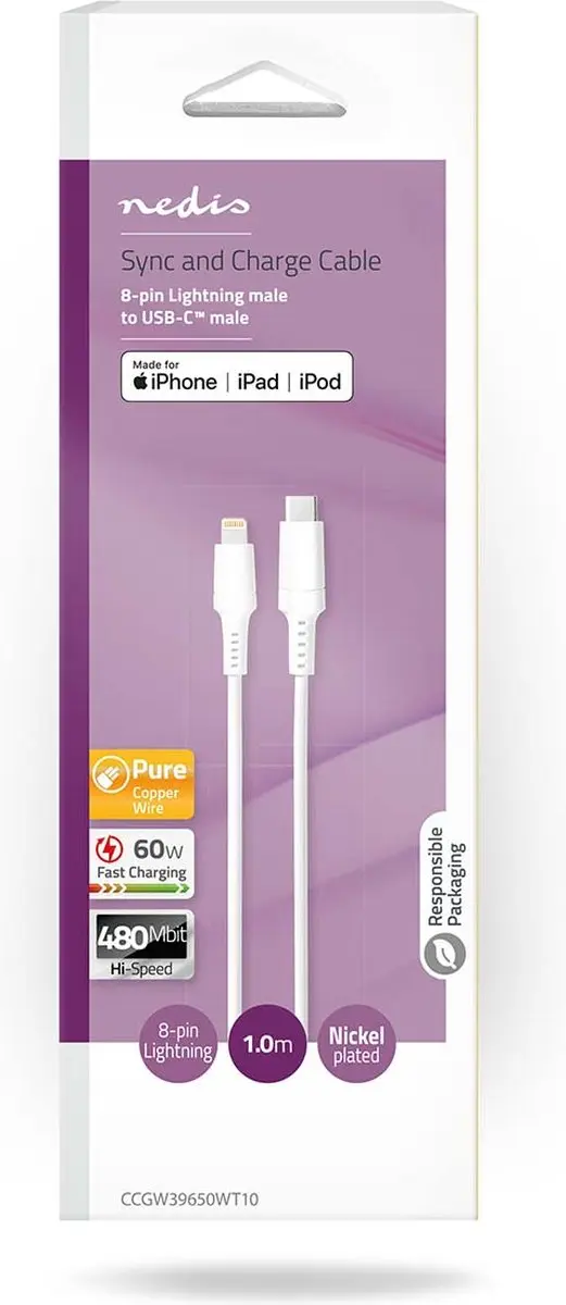 Nedis Lightning Kabel USB-C 8-Pins 1m - Wit