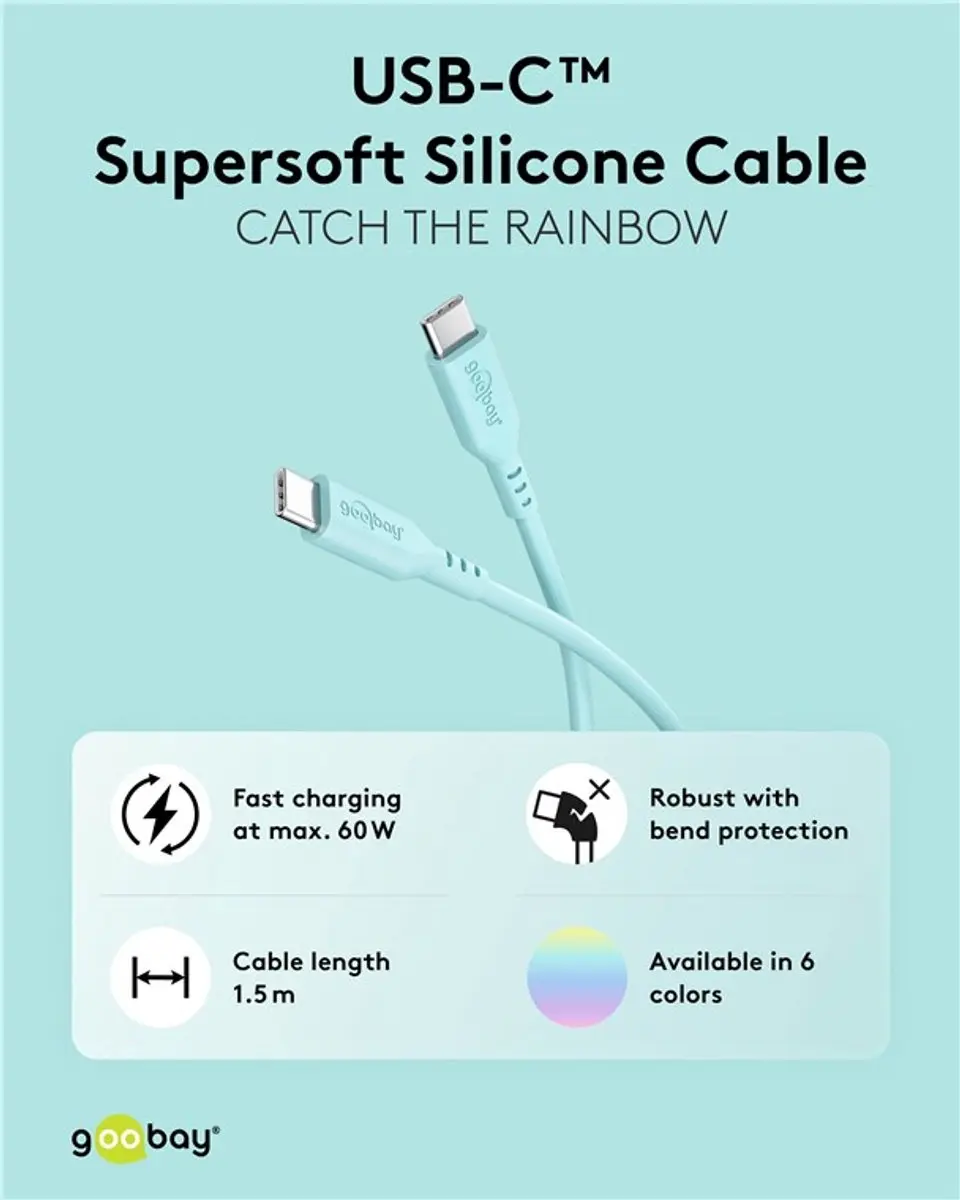 Goobay USB-C Siliconen Kabel 60W 1,5m - Turquoise