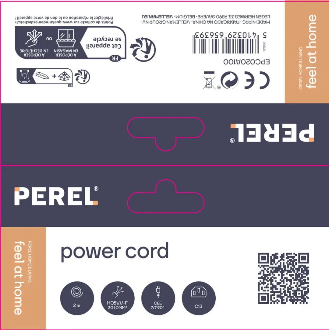Perel Voedingskabel H05VV-F 3G1 2m 10A/230V - Type E/F 90° naar C13 - Zwart