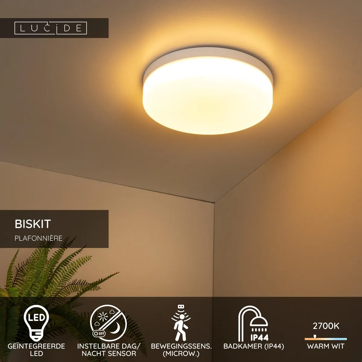Lucide BISKIT Plafondlamp Badkamer - Ø34,5cm LED 24W 2700K IP44 Wit