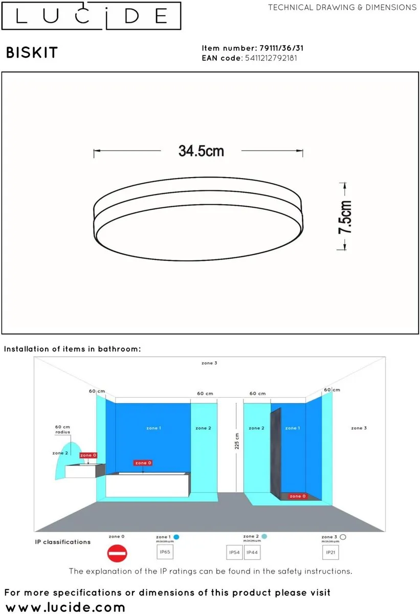 Lucide BISKIT Plafondlamp Badkamer - Ø34,5cm LED 24W 2700K IP44 Wit