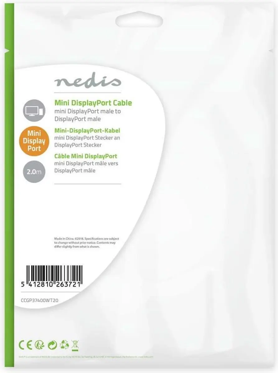 Nedis Mini DisplayPort Kabel CCGP37400WT20 - 2m - Wit