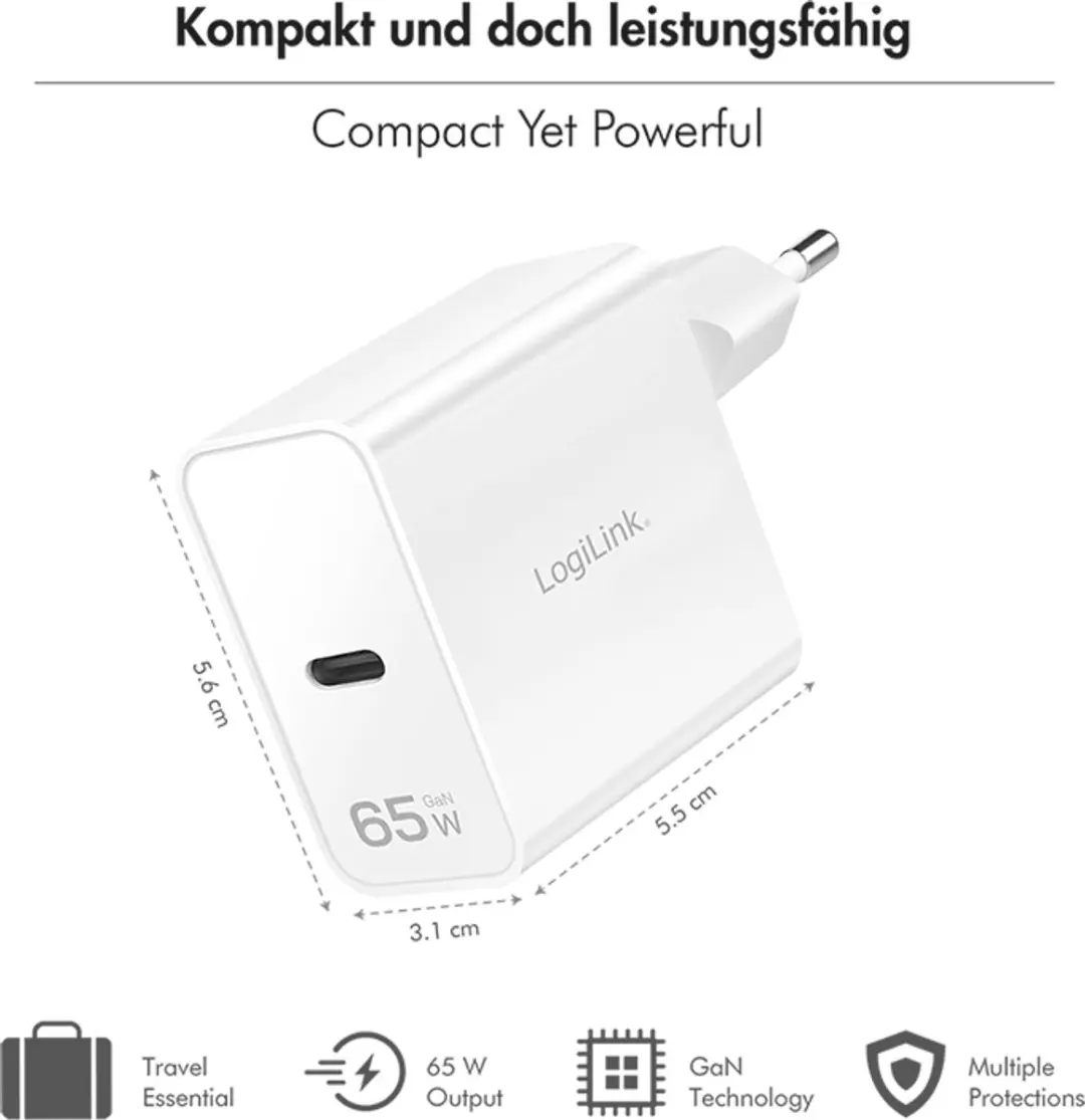 Logilink USB-C GaN-adapter 65W PD+QC 3.0 - Wit