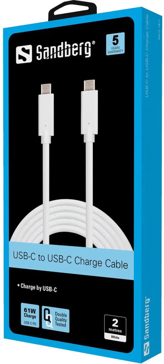 Sandberg 136-17 USB-C Oplaadkabel 65W 2M - Wit