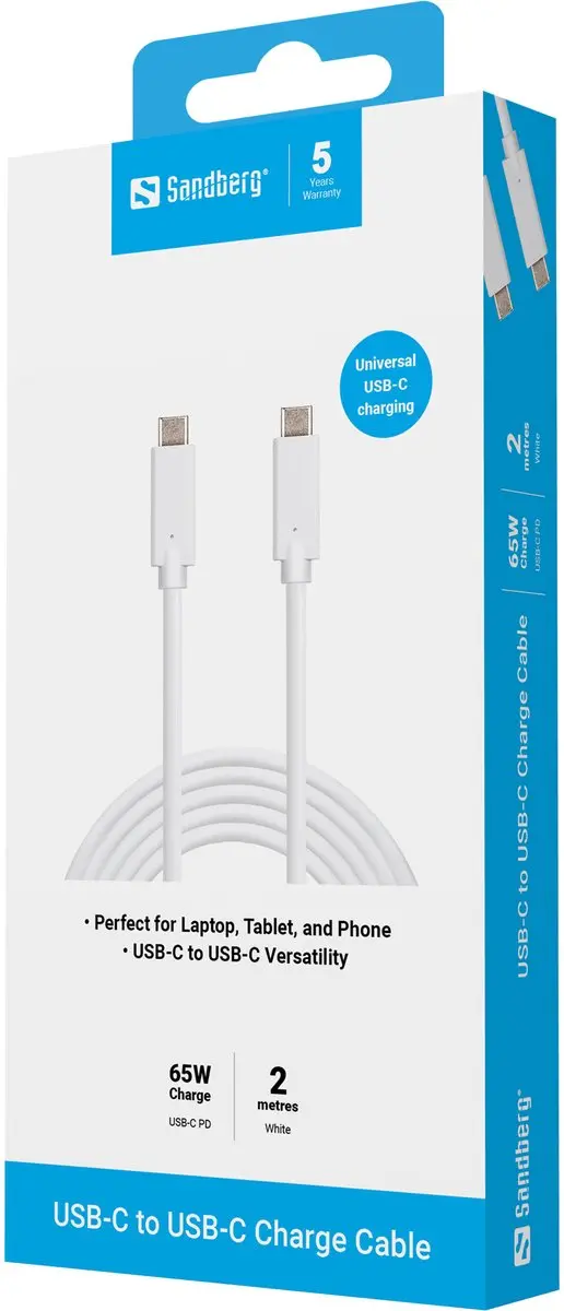 Sandberg 136-17 USB-C Oplaadkabel 65W 2M - Wit
