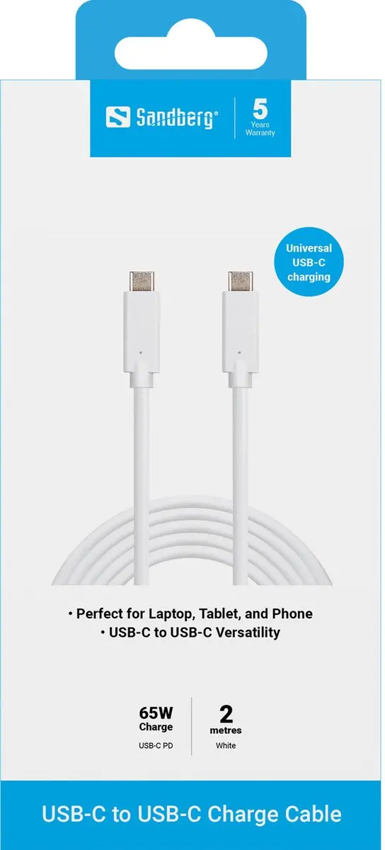 Sandberg 136-17 USB-C Oplaadkabel 65W 2M - Wit