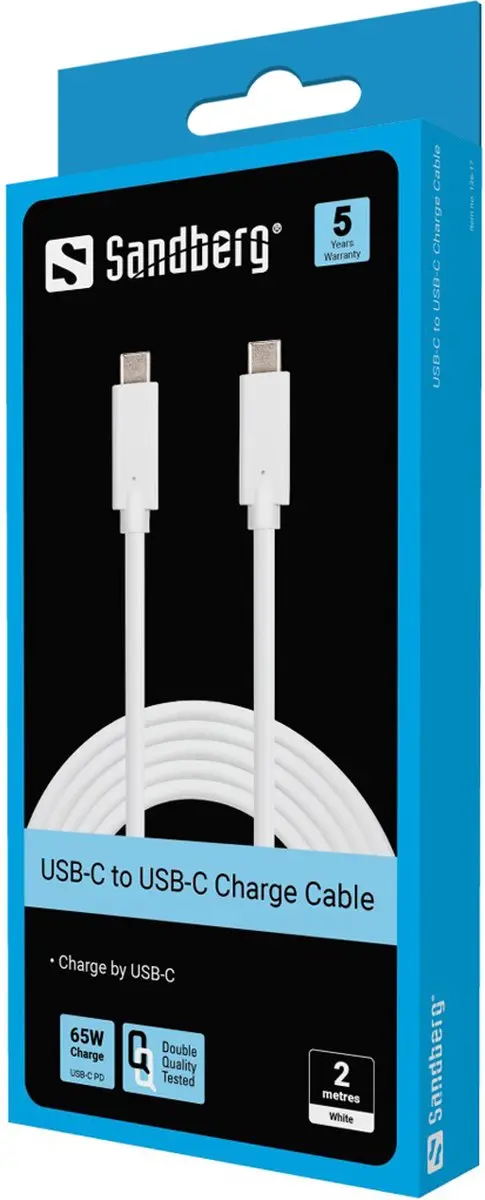 Sandberg 136-17 USB-C Oplaadkabel 65W 2M - Wit