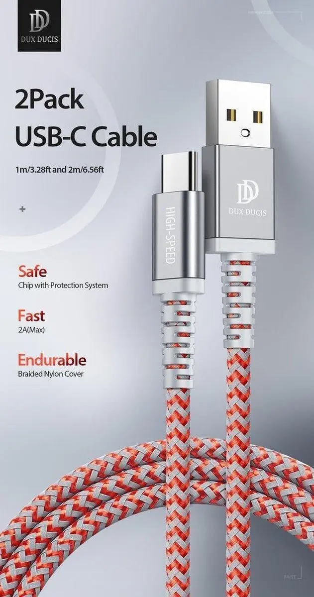 Dux Ducis K-II Pro USB naar USB-C Kabel - 2 Stuks (1M+2M) - Rood