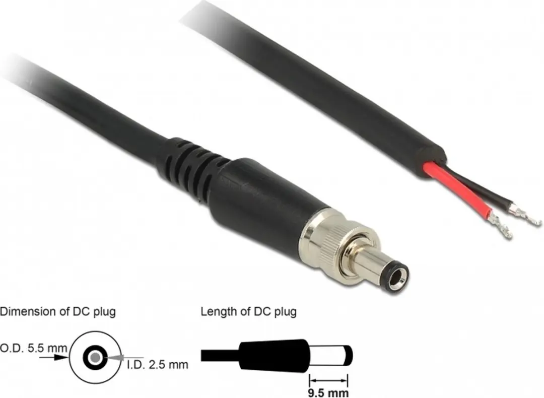 Delock DC Plug 5,5x2,5mm Kabel 2A - 1m - Zwart