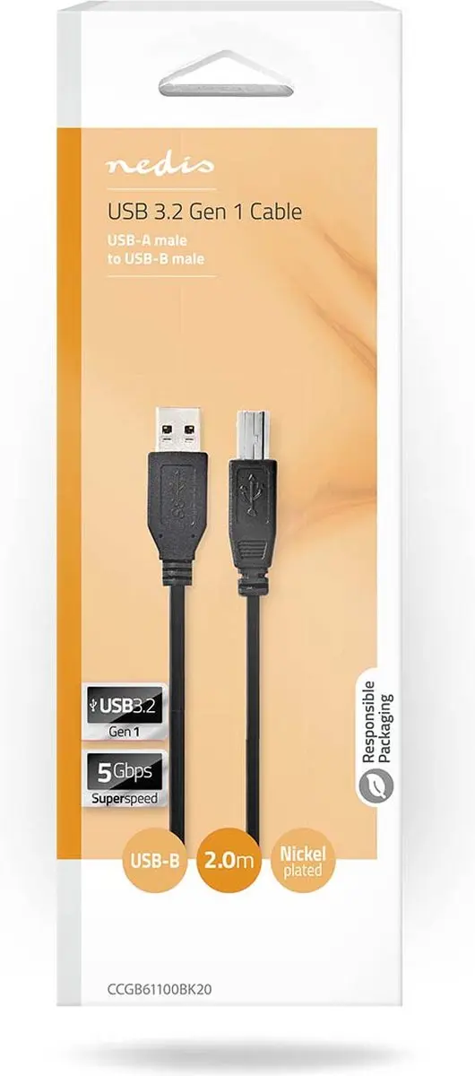 Nedis USB 3.2 Gen 1 A-B Kabel 2m - Zwart