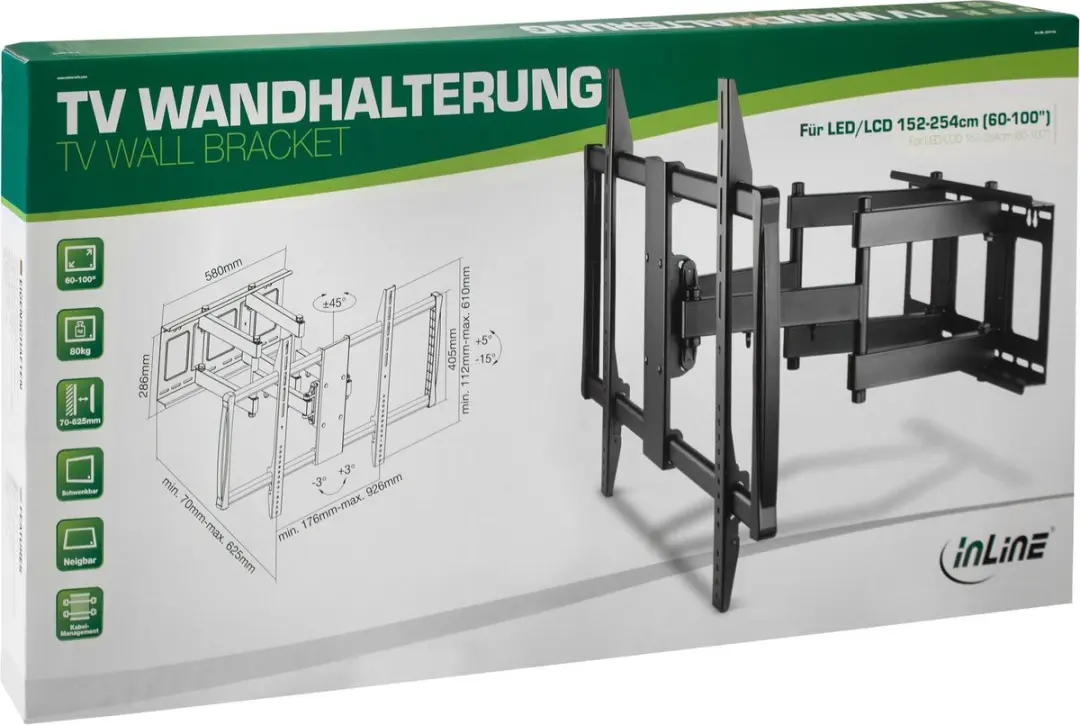 InLine Muurbeugel 23111A - 152-254cm - Max. 80kg - Zwart